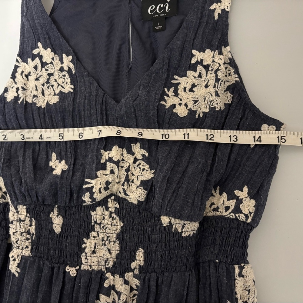 eci New York Maxi Dress Navy Blue Floral Embroidered V-Neck Sleeveless Smocked - Picture 7 of 10